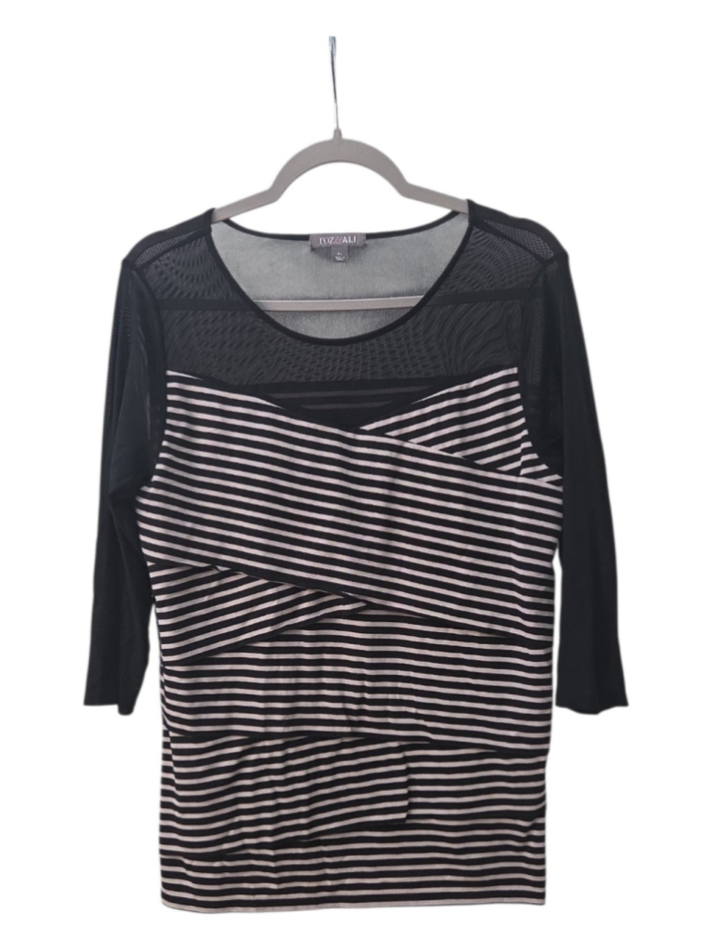 Roz & Ali Womens XL Striped Mesh Yoke 3/4 Sleeve Top EUC Black